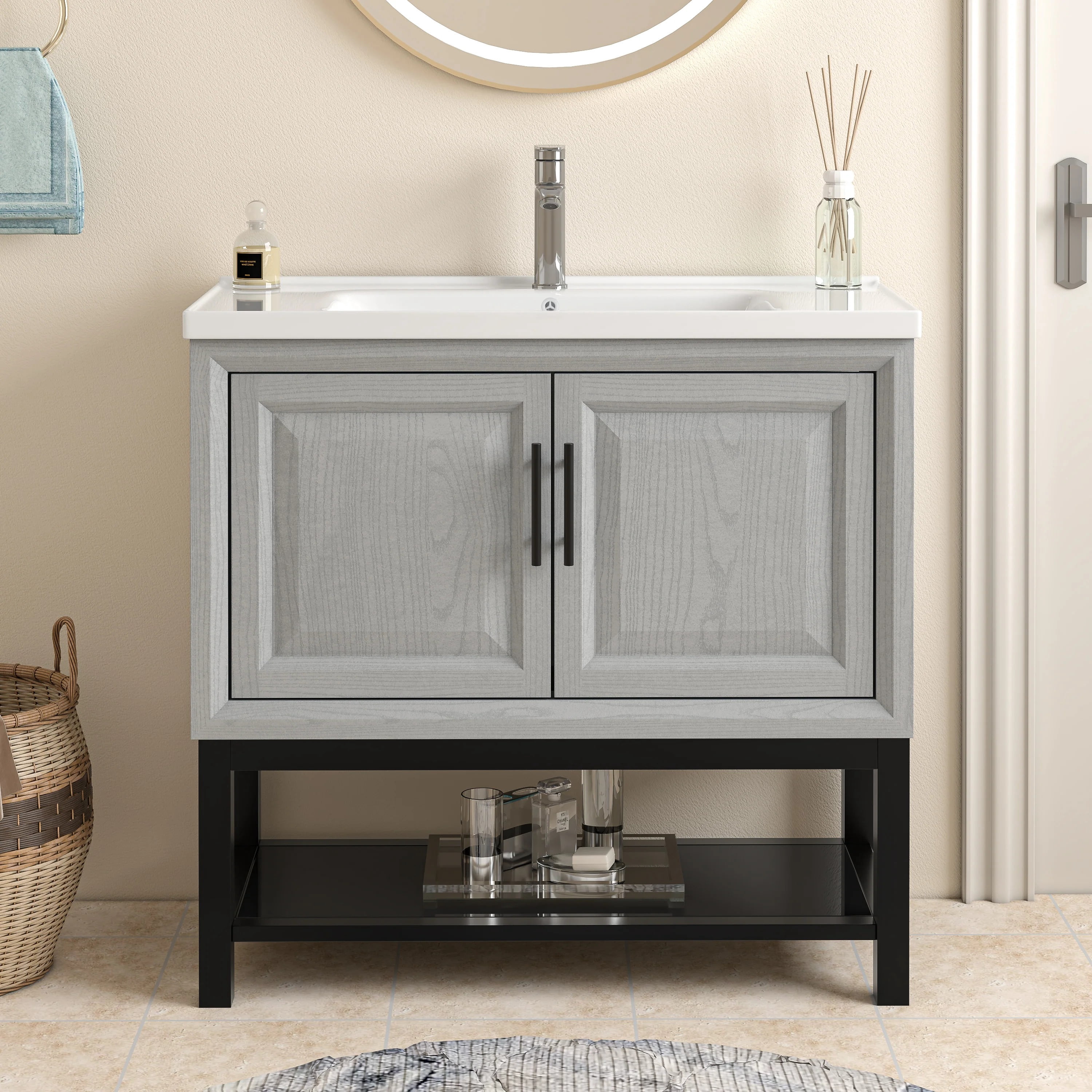 JoyRiver 36" Freestanding Bathroom Vanity with Ceramic Basin, Double-Door Storage & GRC Moisture-Resistant Material – No Faucet, Grey