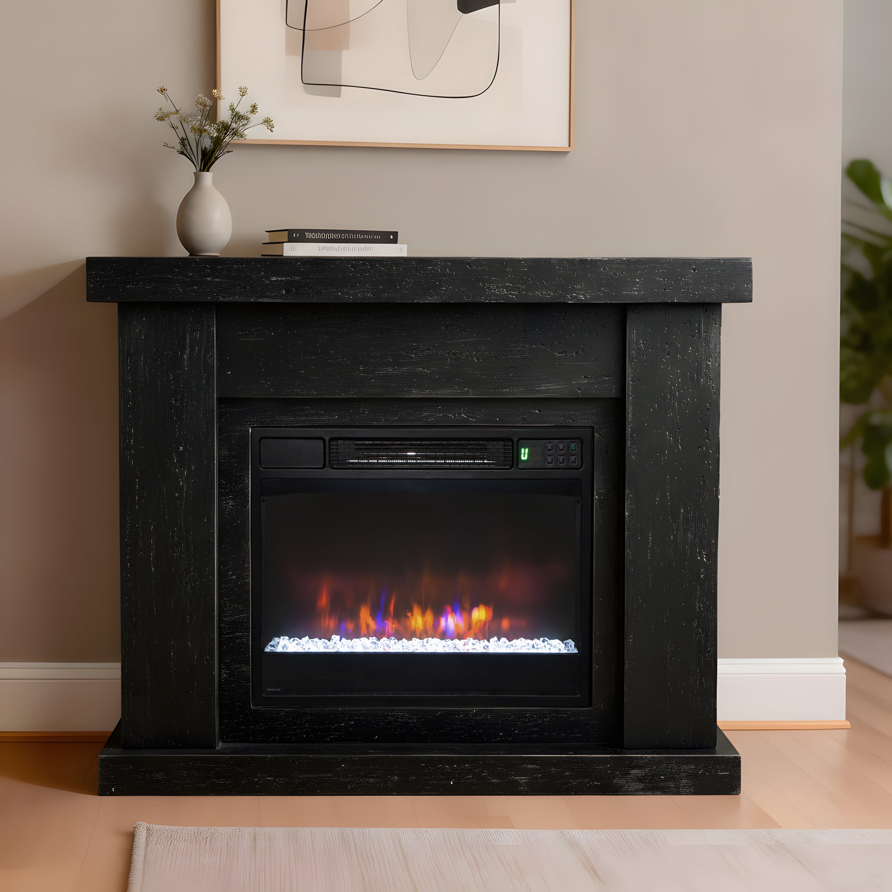 JoyRiver Marble-StyleTV Stand with Electric Fireplace, Digital Thermostat & Dual Control, Elegant Minimalist Design，Black Travertine
