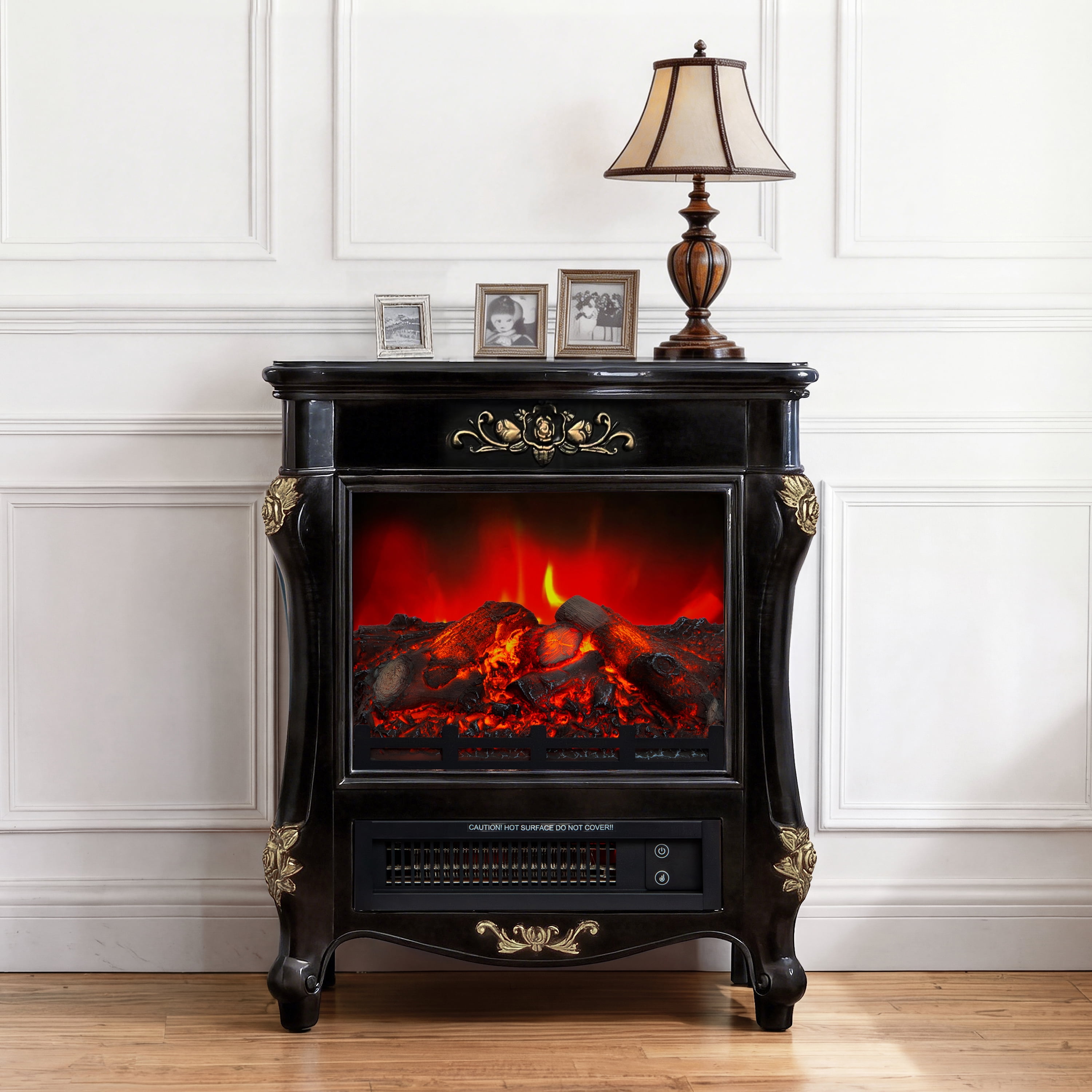 JoyRiver Small Electric Fireplace Heater with 4 Flame Levels, Remote & Timer, Portable Space-Saving Design for Bedroom Living Room,Black & Gold