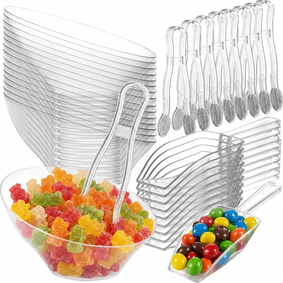 JoyServe 16-Pc 6 Oz Clear Plastic Bowl Set Angled Serving Bowls with 8 Plastic Scoops & 8 Plastic Tongs