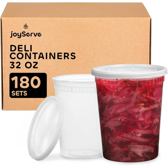 JoyServe 32 Oz Deli Food Containers with Lids - (180 Sets) Quart Airtight Plastic Food Storage for Takeout, Meal Prep, To-Go, Soup Freezer Containers w/ 180 Lids, BPA-Free, Dishwasher, Microwave Safe