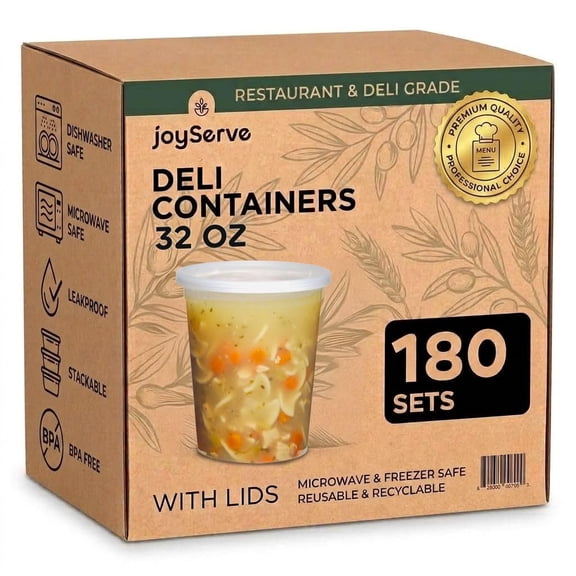 JoyServe 32 oz Deli Containers with Lids  180 Pack Bulk Soup Containers with Lids  32 Ounce Food Storage Containers for Restaurant, Deli, Catering & Meal Prep