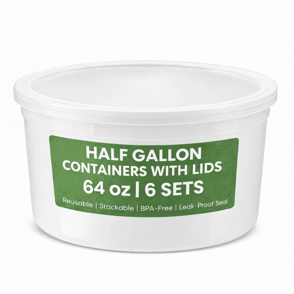 JoyServe 64 oz Plastic Containers with Lids - (Pack of 6) Food Storage Organizer Half Gallon Round Plastic Deli Container with Leak-Proof Lid, BPA-Free, Freezer, Dishwasher & Microwave Safe