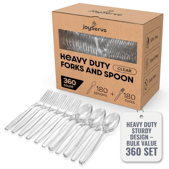 Joyserve Clear Plastic Utensils - 180 Forks & 180 Spoons (360 Pack) for Parties, Catering & Events