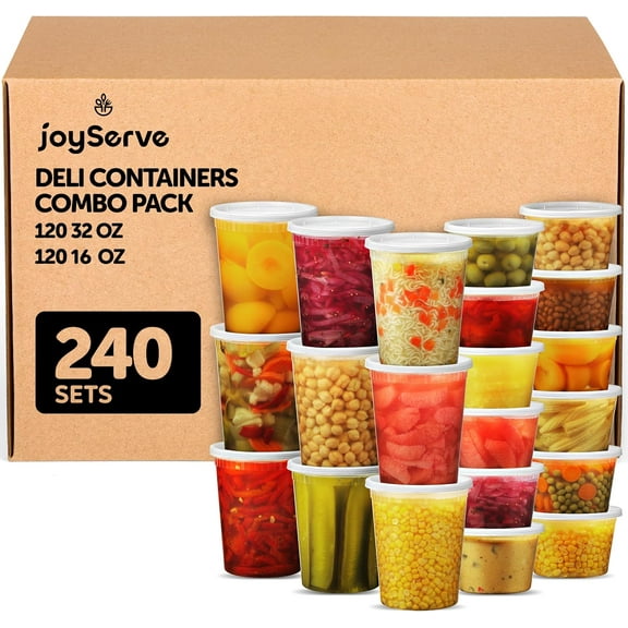 JoyServe Deli Food Containers with Lids - (240 Sets) Bulk Case of 120-32 Oz Quarts & 120-16 Oz Pints Airtight Food Storage Takeout Meal Prep Containers, BPA-Free, Dishwasher, Microwave Safe