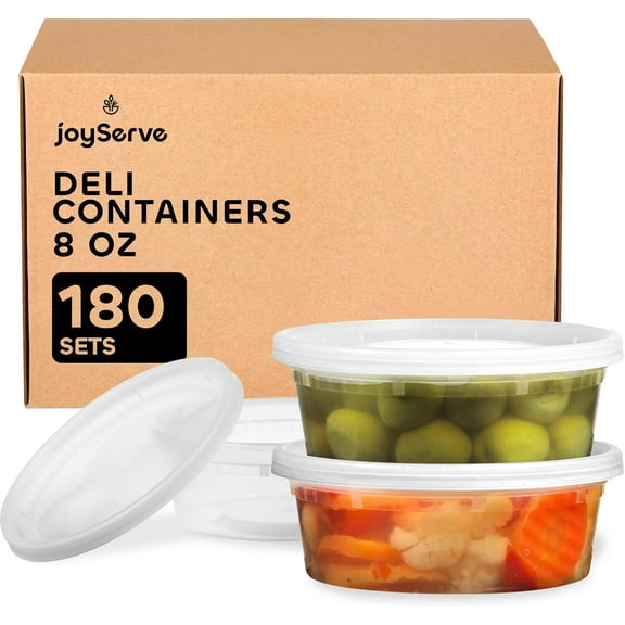 JoyServe Deli Food Containers with Lids - 8 oz 180 Sets- Ideal for Food, Snacks,Takeout, Meal Prep - 1 Cup Small Durable Clear Containers for Food - Stackable and Durable, Dishwasher & Microwave Safe