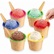 JoyServe Ice Cream Bowls and Spoons Set - Pack of 6 Reusable Plastic Ice Cream Cups and Waffle Cone Shaped Spoons for Dessert, Frozen Yogurt, Gelato, Birthday Party Decorations