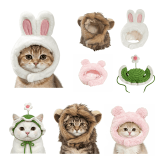 JoySoar 4 Pack Cat Hat Costume Set – Lion, Bunny, Pink Bear, and Flower Designs, Adjustable Soft Plush Pet Headwear for Halloween, Parties, Photos, and Dress Up