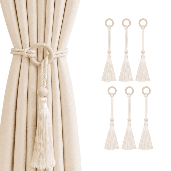 JoySoar 6 Pack Boho Curtain Tiebacks with Tassels,Braided Rope Curtain Holdbacks, Decorative Drapery Tie backs for Living Room, Bedroom,Beige