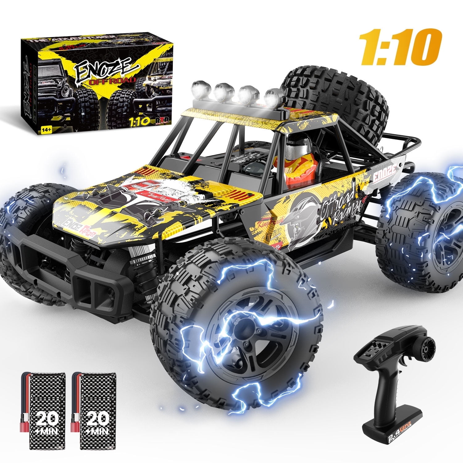 JoyStone 1:10 Large RC Car 35+MPH Hobby Grade Fast RC Truck with Lights, 4WD All Terrain off Road Monster Truck Electric Vehicle with 2 Batteries for Adults Boys, Yellow