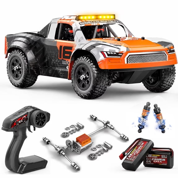 JoyStone 1:16 RC Short Course Truck, 4WD 25 MPH High-Speed RC Car with Metal Drivetrain, LED Lights, 2 Rechargeable Batteries, All-Terrain Remote Control Truck for Kids and Adults, Orange
