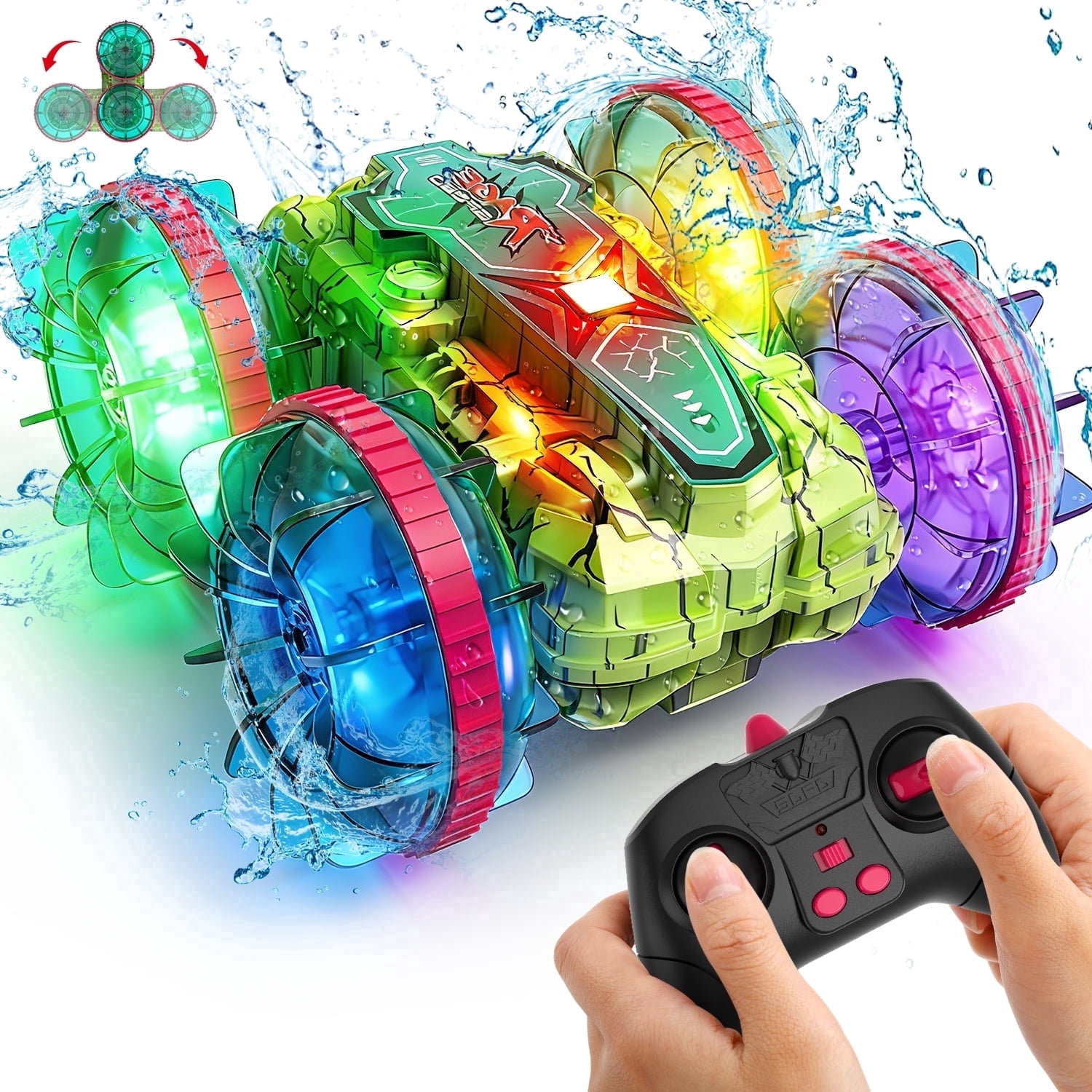 JoyStone Amphibious RC Car for Kids, 4WD Waterproof All Terrain Remote Control Stunt Truck with Double-Sided Driving, LED Light-Up Wheels, 2 Batteries, Green