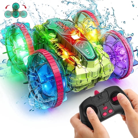 JoyStone Amphibious RC Car for Kids, 4WD Waterproof All Terrain Remote Control Stunt Truck with Double-Sided Driving, LED Light-Up Wheels, 2 Batteries, Green