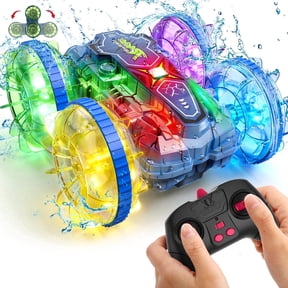 JoyStone Amphibious RC Car for Kids, 4WD Waterproof All Terrain Remote Control Stunt Truck with Double-Sided Driving, LED Light-Up Wheels, 2 Batteries, Blue