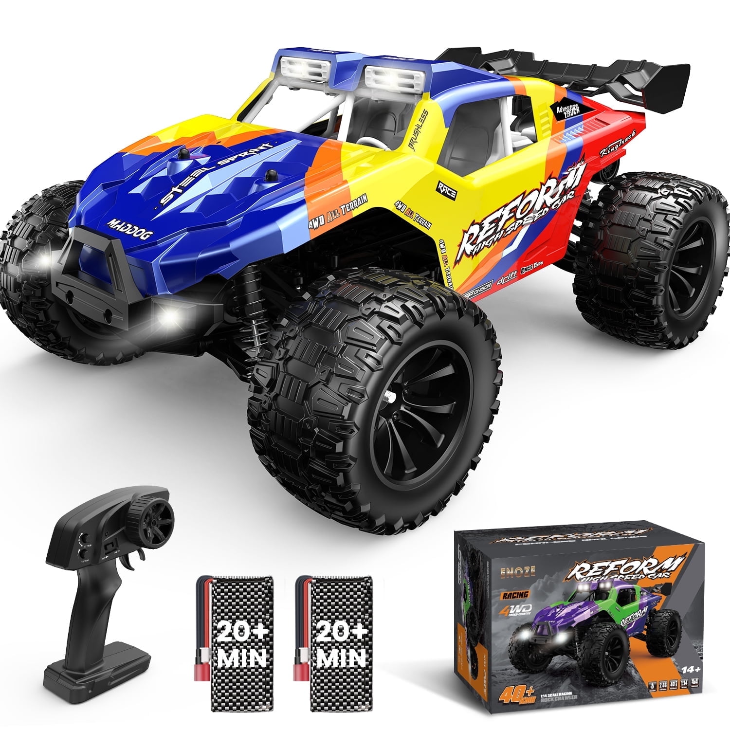 JoyStone 1:14 RC Cars, 40+mph High Speed Off Road RC Truck with LED Headlights, 4WD Fast Extreme Monster Truck with 2 Li-ion Batteries, Toys Gifts for Kids and Adults