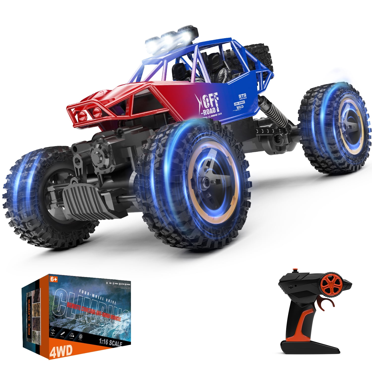JoyStone 4WD RC Cars, 1:16 Off Road Monster Truck with LED Headlight Rock Crawler, 2 Batteries for 70+ Min Play, Gift Toys for Girls Kids Boys (Red & Blue)