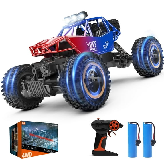 JoyStone 4WD RC Cars, 1:16 Off Road Monster Truck with LED Headlight Rock Crawler, 2 Batteries for 70+ Min Play, Gift Toys for Girls Kids Boys (Red & Blue)