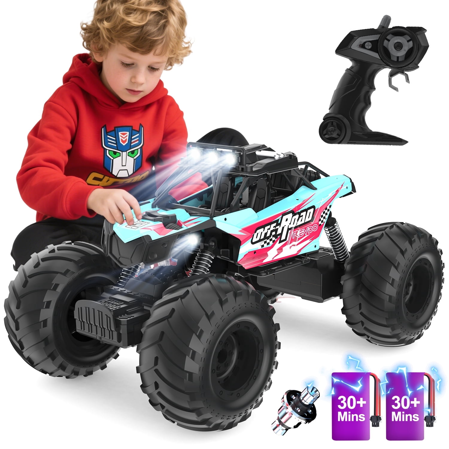 JoyStone 1:10 RC Cars for Kids , 2.4Ghz RC Monster Truck with Light, 2 Batteries, 60+ Mins, Off Road Vehicle for Adults, Blue