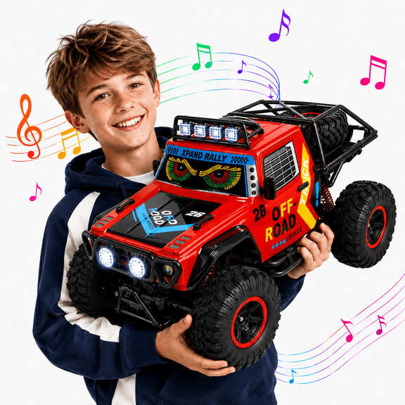 JoyStone 1:8 RC Car for Kids, 4WD Off-Road Monster Truck with Dynamic Eye Lights, Music, LED Headlights, 2 Batteries, 60+ Min Playtime, Remote Control Truck for Boys, Red