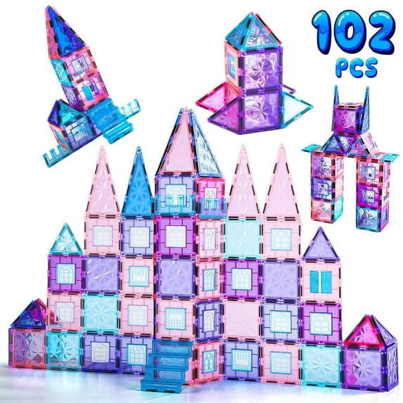 JoyStone 102PCS Magnetic Tiles Castle Set for Kids, STEM Magnet Building Blocks Toy with Windows, Doors & Stairs, Educational Gift for Girls & Boys Age 3+