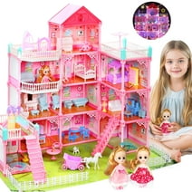 JoyStone 11 Rooms Huge Dollhouse with Play Mat, 2 Dolls and Colorful Light, 31" x 28" x 27" Dreamhouse w/Furniture Doll House Gift for Girls