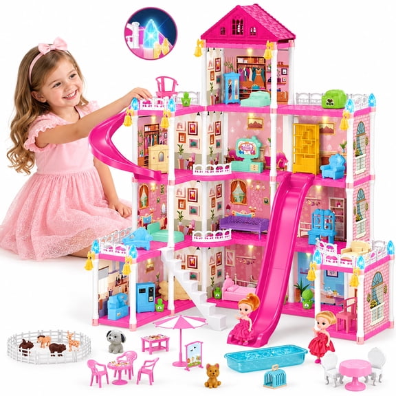 JoyStone 12 Rooms Light-Up Doll House for Girls, 31.1 in Large Dollhouse Playset with Warm LED Lights, 2 Dolls, Slide, Furniture Accessories, Pretend Play Toy Gift for Kids Ages 3+