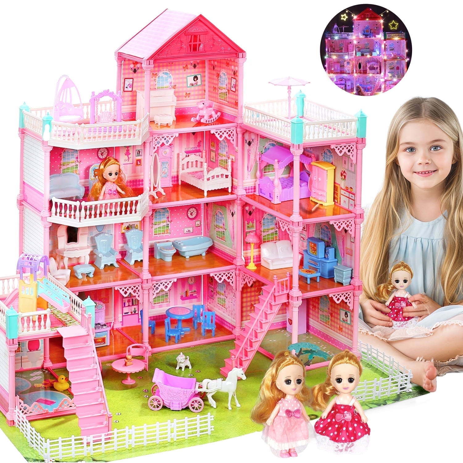 JoyStone 11 Rooms Huge Dollhouse with Play Mat, 2 Dolls and Colorful Light, 31" x 28" x 27" w/Furniture Doll House Gift for Girls