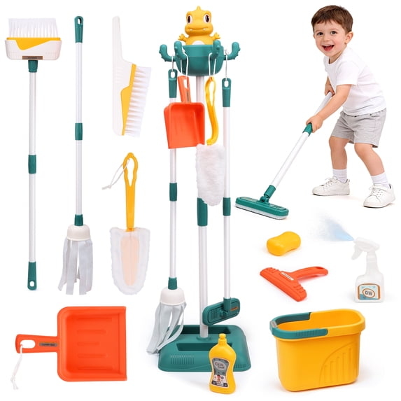 JoyStone 12 Pcs Dinosaur Kids Cleaning Set, Pretend Play Kit Toddler Role Play Toys Kids Broom and Mop Set for Girls Boys Age 3+, Christmas Birthday Gift for Girls Boys, Green