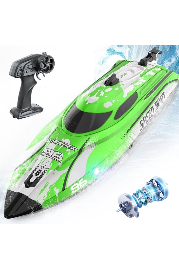 Remote Control Boat with LED Lights, 25+ mph, 12 inch High-Speed RC Racing Boats for Pool & Lakes, Pool Toys for Kids & Adults, Green