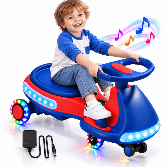 JoyStone 12V Electric Wiggle Car for Kids, 2-in-1 Electric Ride On Swing Car with Pedal, 2 Speeds Up to 5 MPH, Flashing Wheels, Wireless Music, 150 Lbs, Blue Red