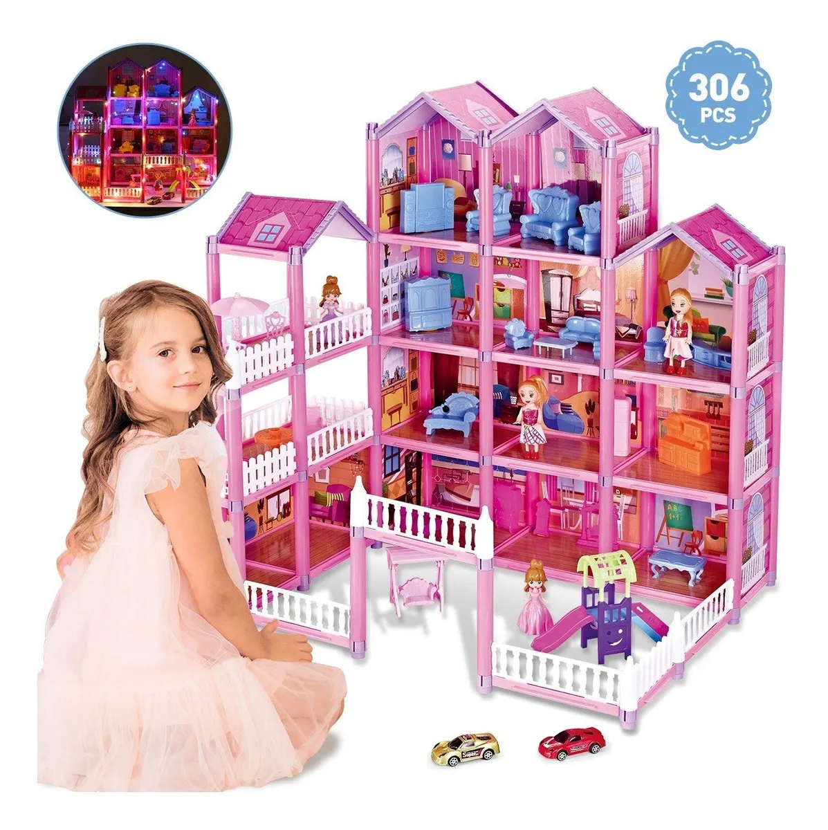 JoyStone 16 Rooms Dollhouse with Colorful Light, Furniture Sets with 4  Dolls, Creative Gift for 3-12 Year Girls, Pink
