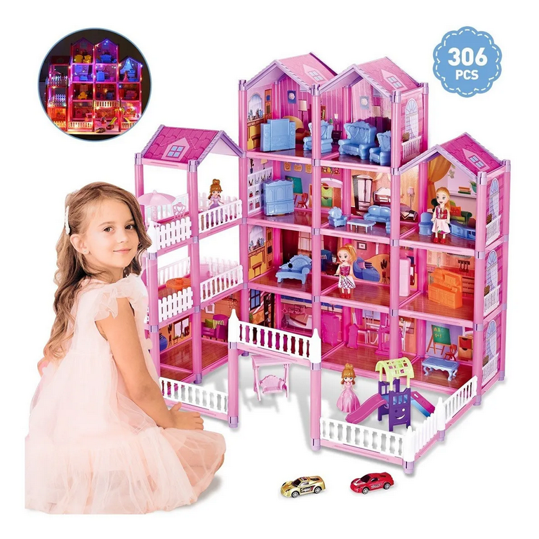 4 Room Doll House Girls Dream Play Playhouse Dollhouse ABS Game Toy Pink  Gift