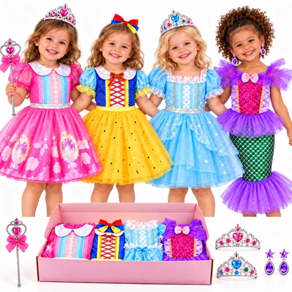 JoyStone Princess Dress Up Toys for Toddler Girls, 4 Two-Piece Costumes with Tiaras, Wand and Accessories, Multicolor for Toddler Girls 3-6 Years