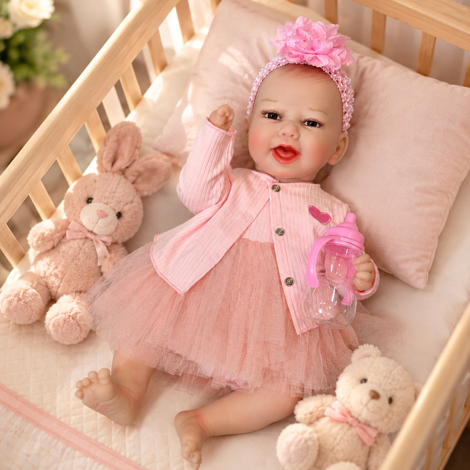 JoyStone JoyStone 18'' Reborn Baby Doll Girl, Life born with Soft Weighted Body, Realistic Skin Tone Baby Doll Set with 2 Outfits, Pacifier, Bottle, Gift for Kids Age 3+