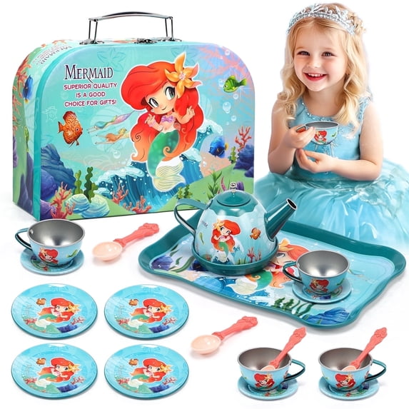 JoyStone Tea Party Set for Little Girls, 15PCS Pretend Play Tea Set with Carrying Case, Teapot, Tray, Cups, Saucers & Plates, Tea Time Kitchen Toys Gift for Toddlers Ages 3-8