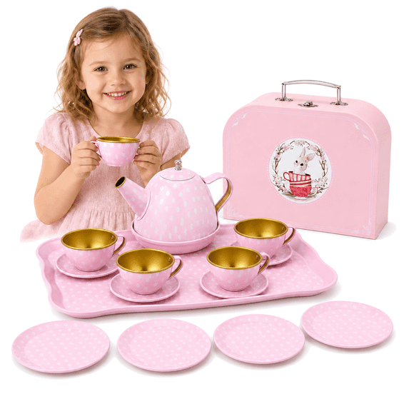 JoyStone Tea Party Set for Little Girls, 15PCS Pretend Play Tea Set with Carrying Case, Teapot, Tray, Cups, Saucers & Plates, Tea Time Kitchen Toys Gift for Toddlers Ages 3-8