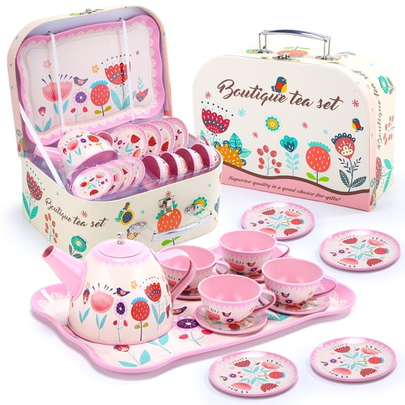 JoyStone 19PCS Kids Tea Party Set Includes Kettle, Princess Tea Time Toys Playset Kitchen Pretend Play Toy for 3-10 Years Old