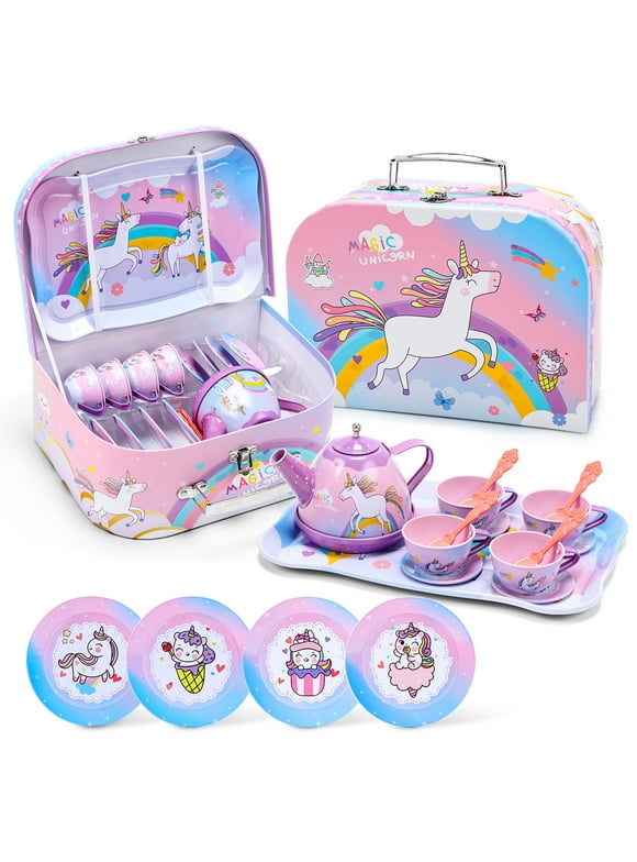 JoyStone 19PCS Kids Tea Party Set Includes Kettle, Princess Tea Time Toys Playset Kitchen Pretend Play Toy for 3-10 Years Old