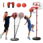 JoyStone 2 in 1 Kids Basketball Hoop and Punching Bag, Adjustable Stand with Boxing Gloves & 2 Balls, Toddler Basketball Hoop and Boxing Bag Set Toy for Outdoor Indoor Sports Games