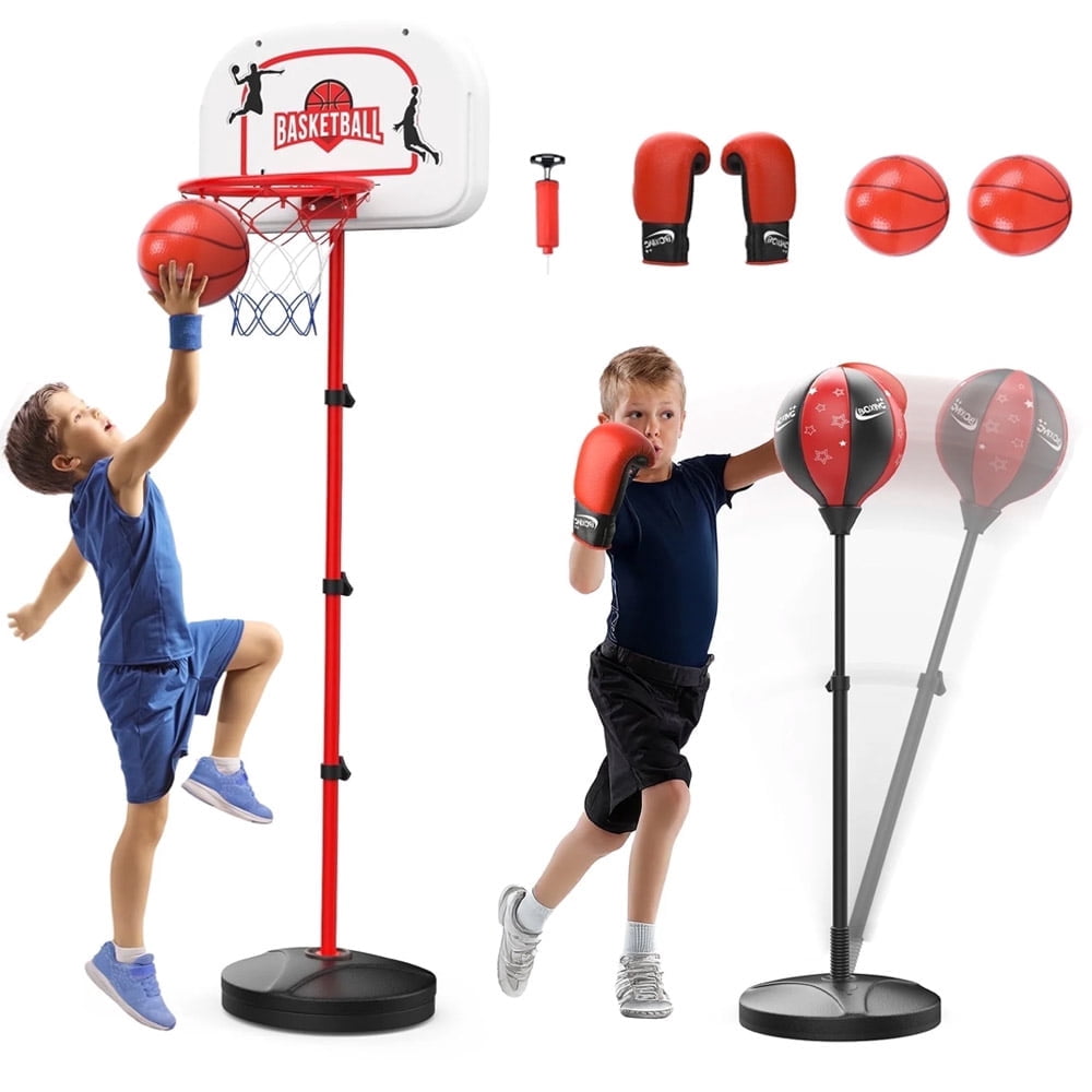 JoyStone 2 in 1 Kids Basketball Hoop and Punching Bag, Adjustable Stand with Boxing Gloves & 2 Balls, Toddler Basketball Hoop and Boxing Bag Set Toy for Outdoor Indoor Sports Games
