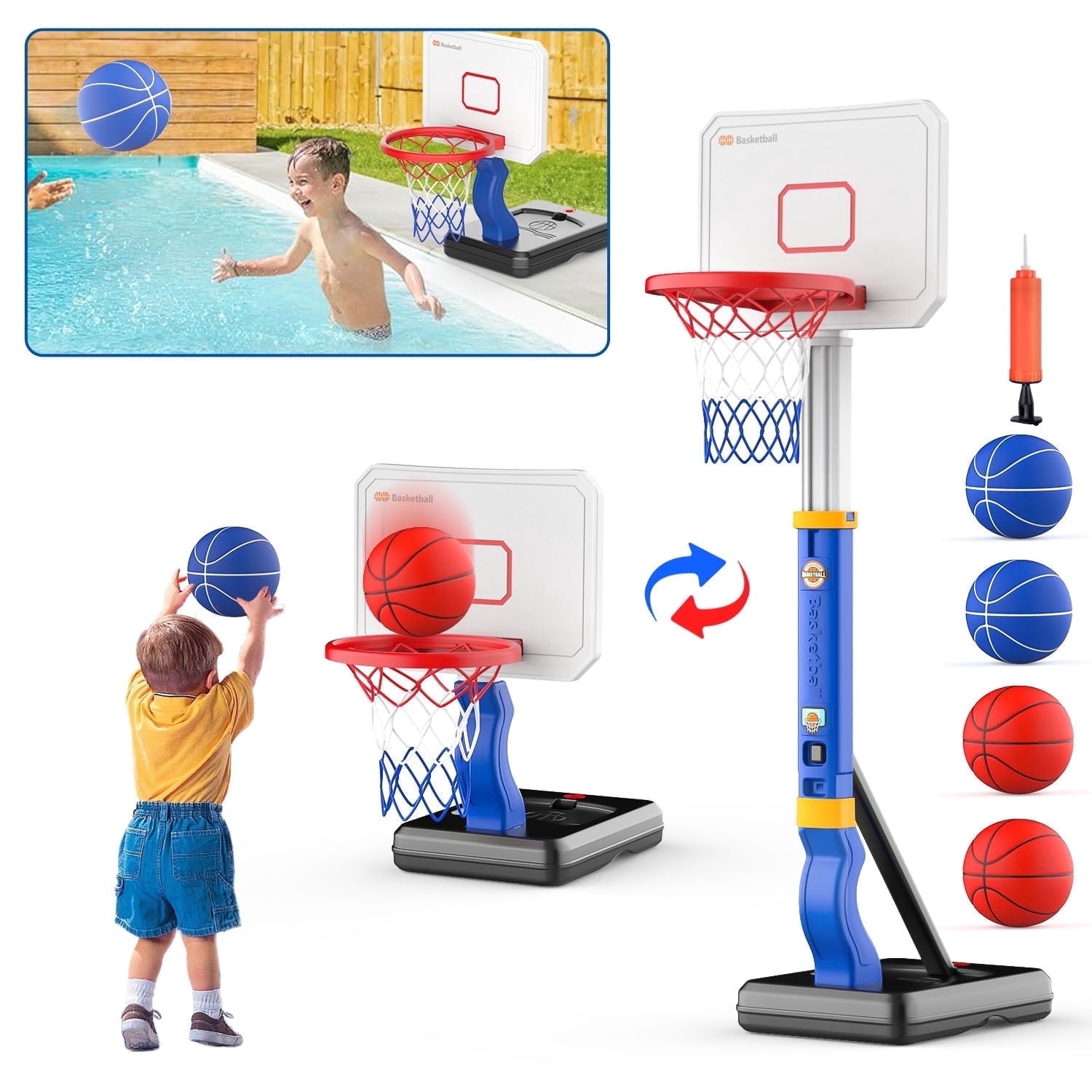 JoyStone JoyStone 2 in 1 Kids Basketball Hoop, Toddler Basketball Hoop Indoor Mini Adjustable Poolside Basketball Goals with Ball Pump for Boys Girls Outdoor Toys, Blue & Black