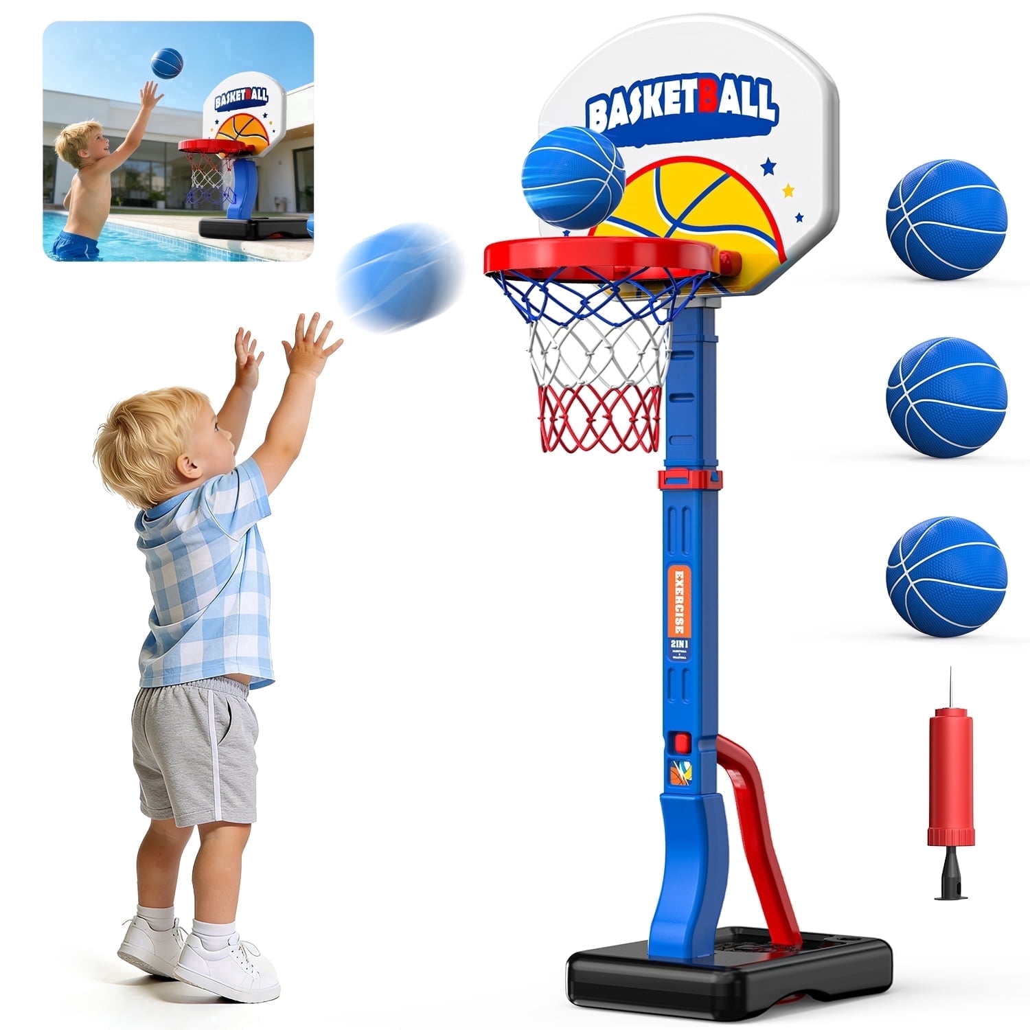 JoyStone   2 in 1 Kids Basketball Hoop, Toddler Basketball Hoop Indoor Mini Adjustable Poolside Basketball Goals with Ball Pump for Boys Girls Outdoor Toys, Blue
