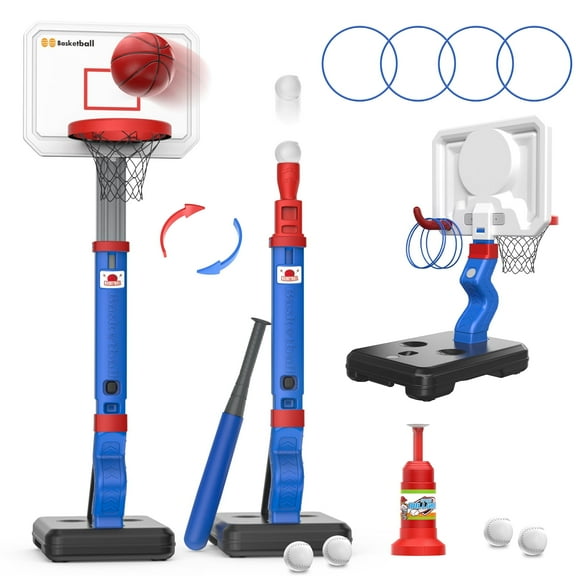 JoyStone 4 in 1 Kids Basketball Hoop T Ball Set Ring Toss Game for Kids, Baseball Tee with Automatic Pitching Machine, Adjustable Height Basketball Hoop, Sports Gifts Toys for Boys Girls