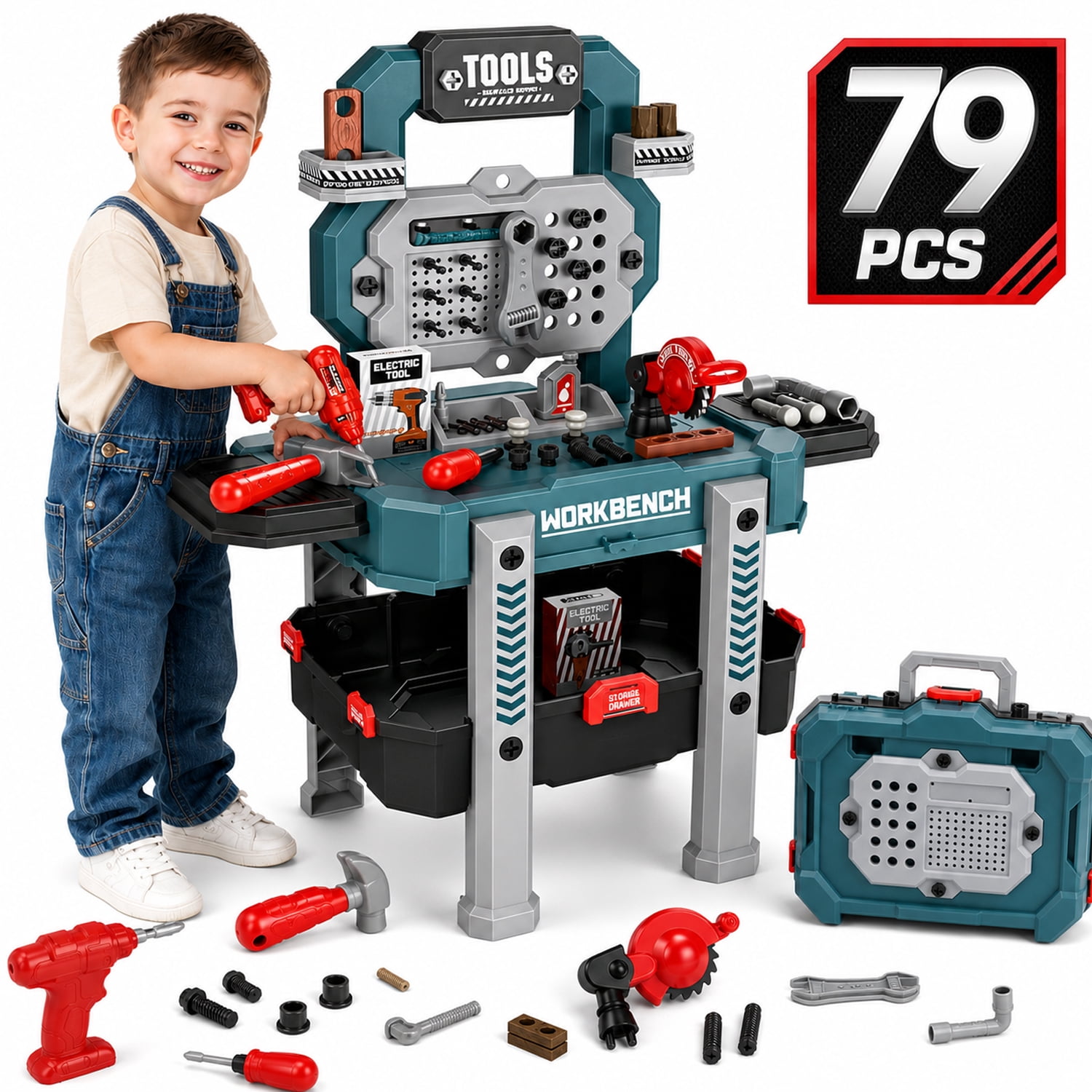 JoyStone JoyStone 2 in 1 Kids Tool Bench Set,79 PCS Pretend Play Tool Bench for Kids with Tools, Electric Drill, Clothes and Transformable Tool Set, Learning Gift for Boys & Girls Age 3-5,Green