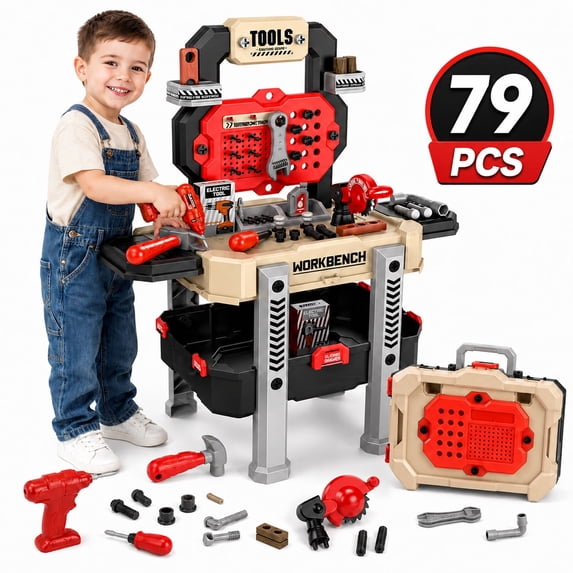 JoyStone 2 in 1 Kids Tool Bench Set, Pretend Play Tool Bench for Kids with Tools, Electric Drill and Transformable Tool Set, Learning Gift for Boys & Girls Age 3-5, Red