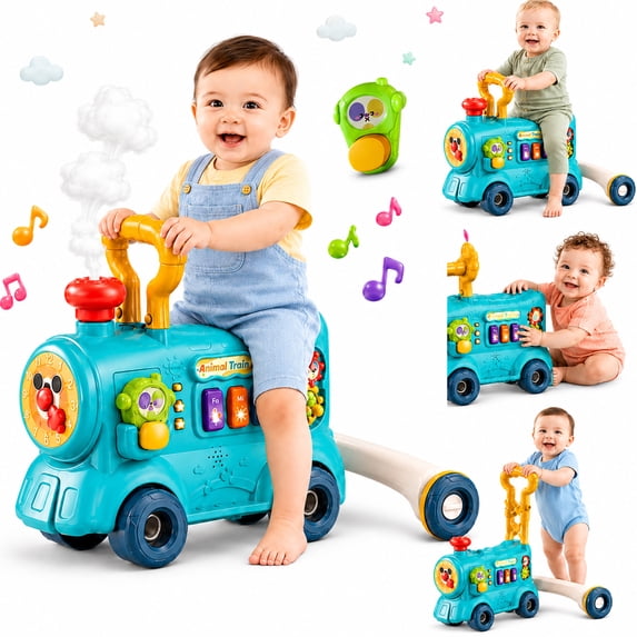 JoyStone 3-in-1 Musical Baby Walker and Activity Center for Toddlers, Ride-On Train with Sensory Play Panel, Early Learning Push Toy Gift for Infants, Blue
