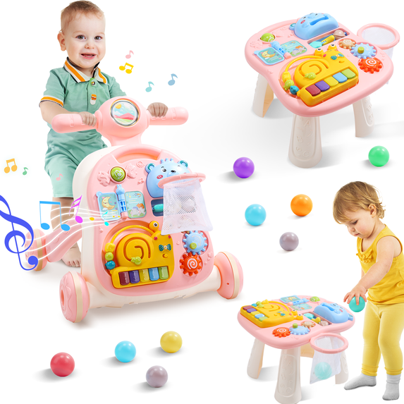 JoyStone 2 in 1 Muscial Baby Walker and Activity Center for Baby, Toddler, Learning to Walk, Sit to Stand, Early Learning Push Toys for Infant Christmas Gifts, Pink