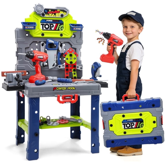 JoyStone 2 IN 1 Kids Tool Set Bench, Realistic Toy Tools with Realistic Tools and Electric Drill, Learning Gift for Kids Age 3-7