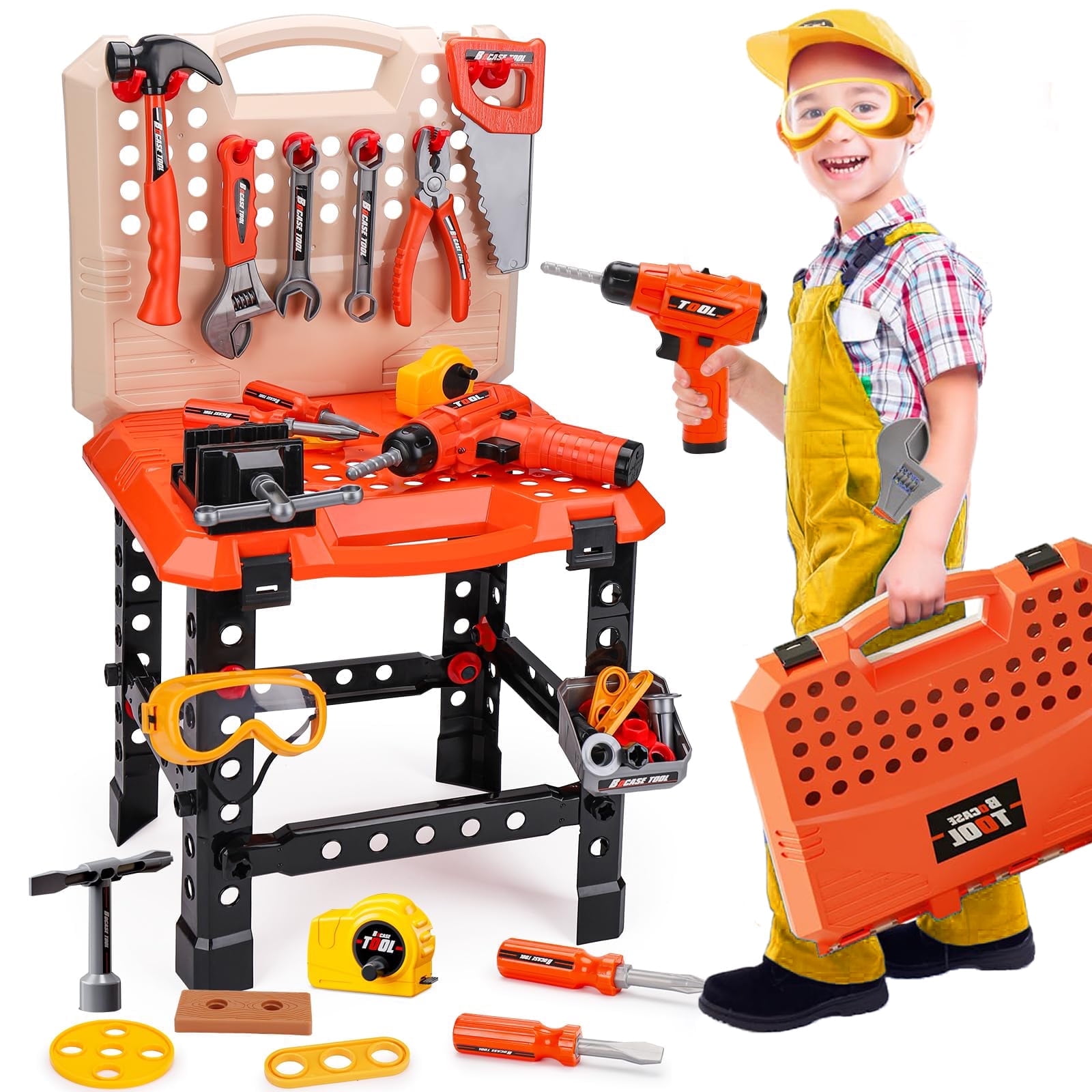 JoyStone 2 IN 1 Kids Tool Set Bench, 90PCS Realistic Toy Tools with ...