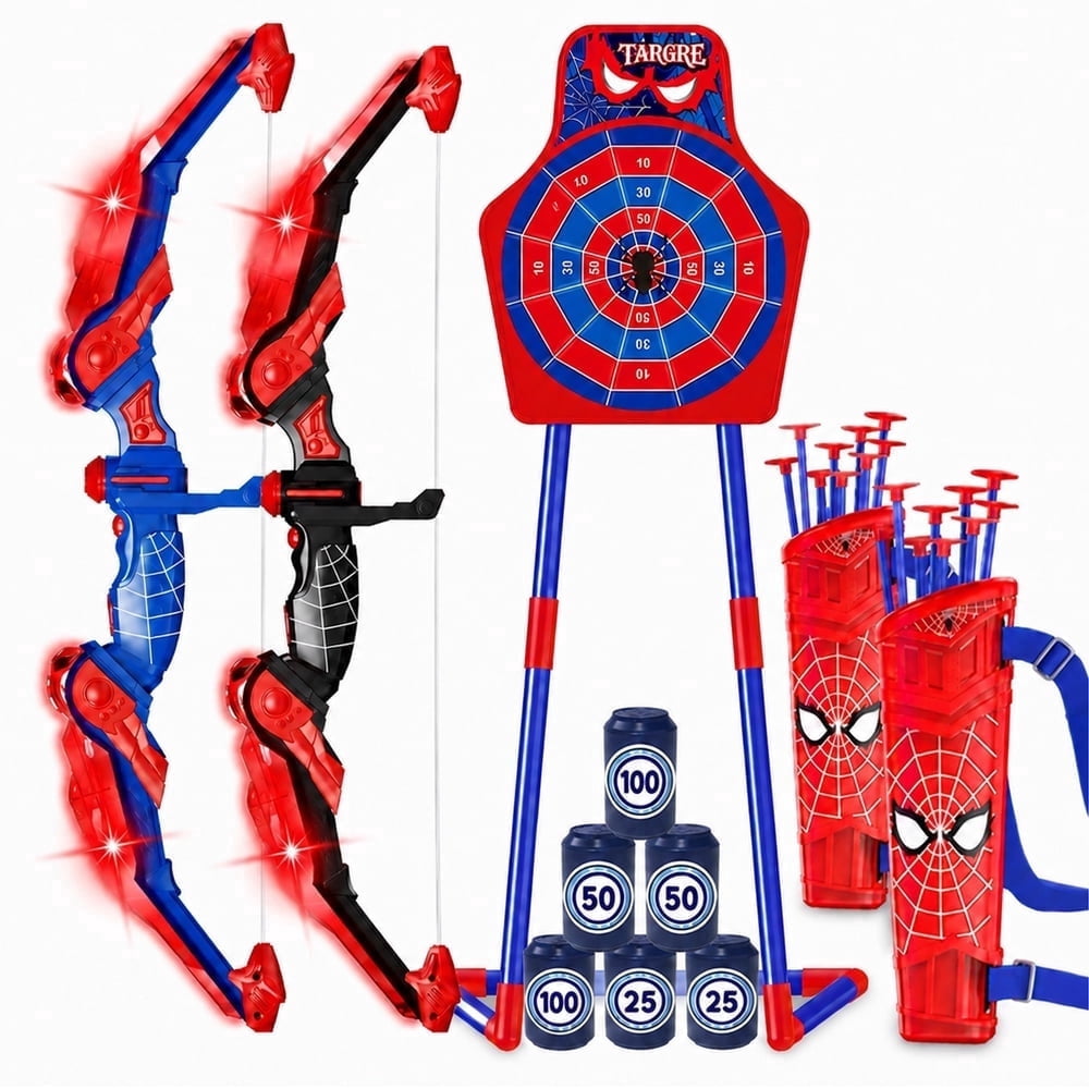 JoyStone JoyStone 2 Pack Bow and Arrow for Kids, LED Light Up Archery Set with 20 Suction Cup Arrows, 1 Standing Target, 6 Target Cans and 2 Quiver, Indoor Outdoor Sport Gifts for Boys Girls
